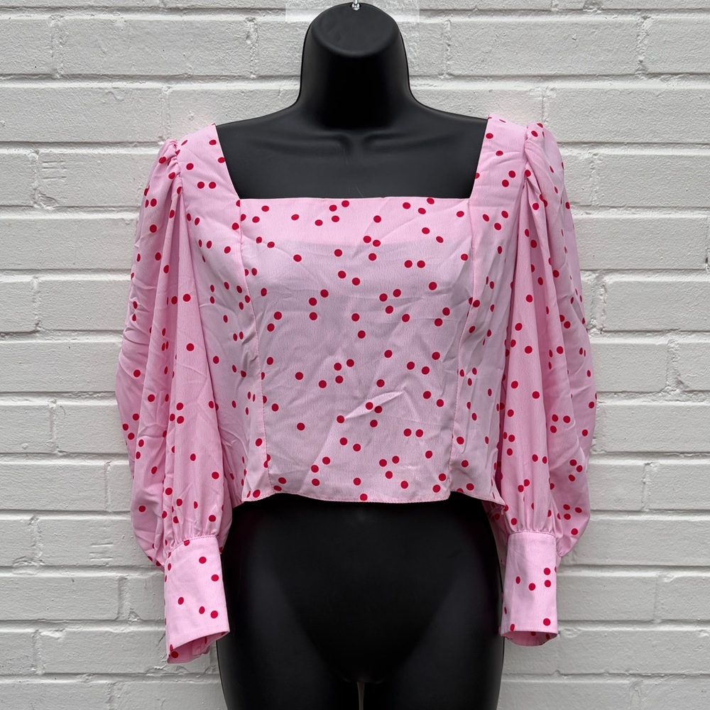 Miss Selfridge SQUARE NECK TOP WITH PUFF SLEEVES IN RED POLKA DOT-PINK, SZ 8 EUC - Picture 4 of 11